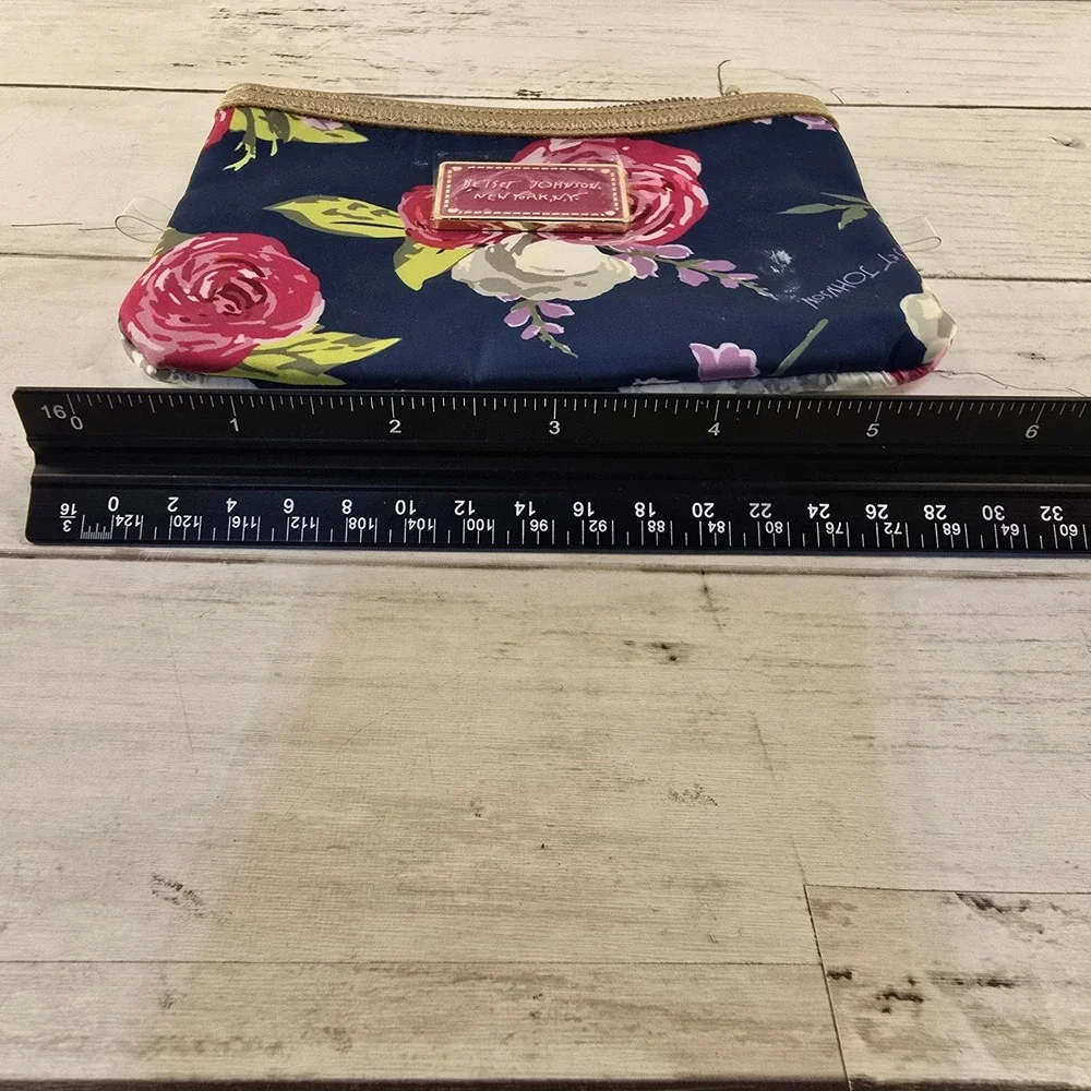 Betsey Johnson Floral Makeup Bag Navy Blue Pink Rose Gold Trim Zipper Pouch